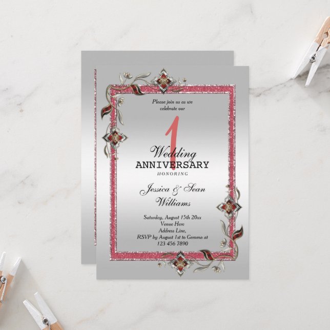 Invitación Rubí Gema, Brillo y Plata 1er Boda (Anverso/Reverso In Situ)