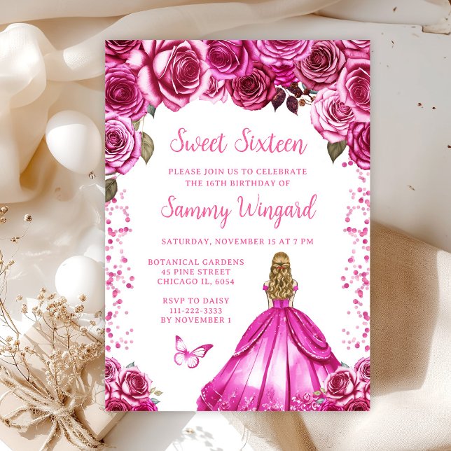 Invitación Rubia Cabello Rosa Fucsia Princesa Dulces Dieciséi (Subido por el creador)