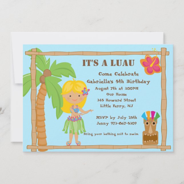 Invitación rubia del cumpleaños de Luau del chica (Anverso)