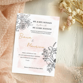 Invitación Rubor acuarela y Black Floral Elegant Wedding
