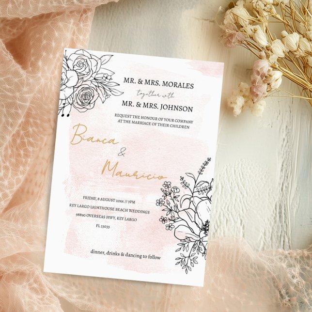 Invitación Rubor acuarela y Black Floral Elegant Wedding (Blush Watercolor & Black Floral Elegant Wedding Invitation)