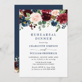 Invitación Rubor azul de la marina borgoña Flores REHEARSAL C