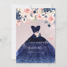 Invitación Rubor azul de la marina floral de Quinceanera