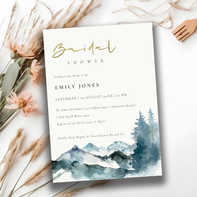 Invitación Rubor azul gris Montañas Pine Bridal Shower (Subido por el creador)