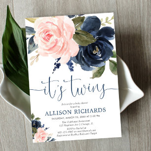 Invitación Rubor azul marino rosa floral Twins ducha bebé