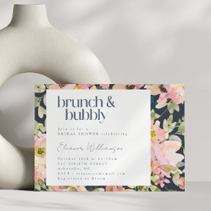 Invitación Rubor Azul Naval Acuarela Floral Brunch Burbujeant