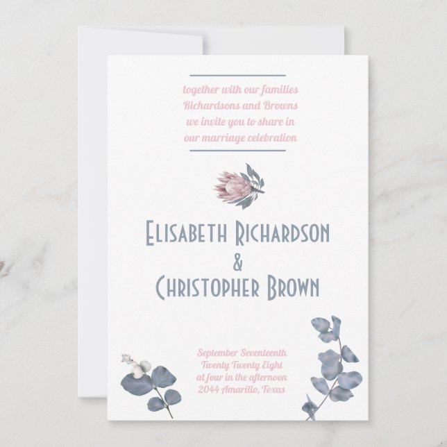 Invitación Rubor Azul Rosa Floral Boda (Anverso)