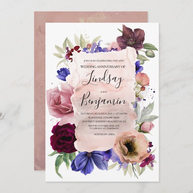Invitación Rubor Azul y Floral Burgundy Boda Aniversario (Anverso / Reverso)