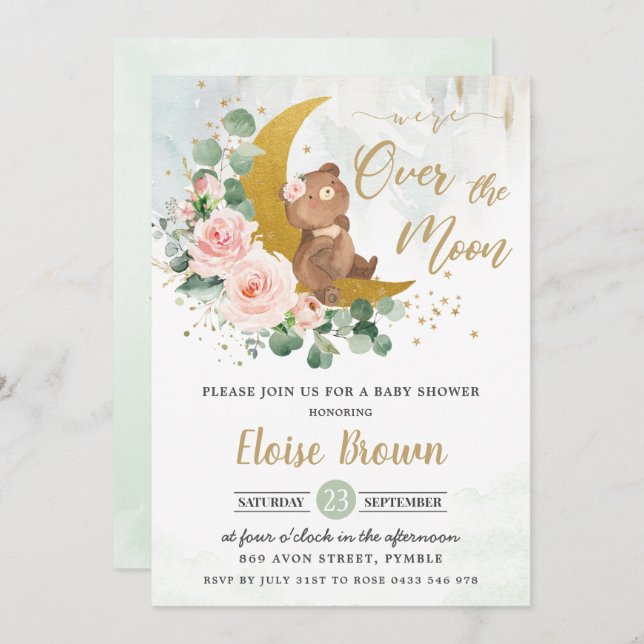 Invitación Rubor Bear We're Over the Moon Chica Baby Shower (Anverso / Reverso)