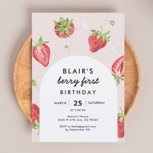 Invitación Rubor Berry Primer tema de cumpleaños de fresa (Subido por el creador)