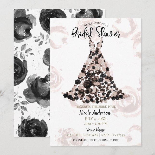 Invitación Rubor Black Classy Floral Rosa Vestido Bridal Show (Anverso / Reverso)