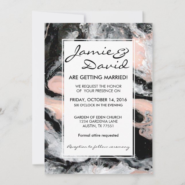 Invitación Rubor blanco negro de mármol que casa la (Anverso)