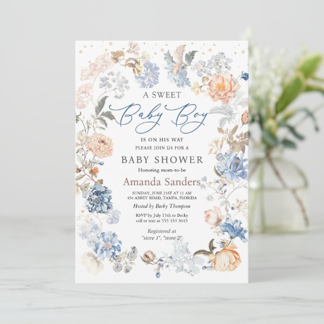 Invitación Rubor Blue Baby Shower Floral Peach (Anverso de pie)