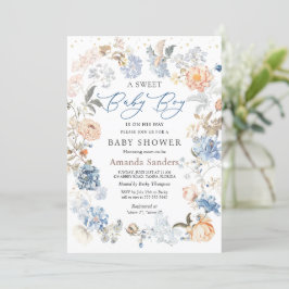 Invitación Rubor Blue Baby Shower Floral Peach