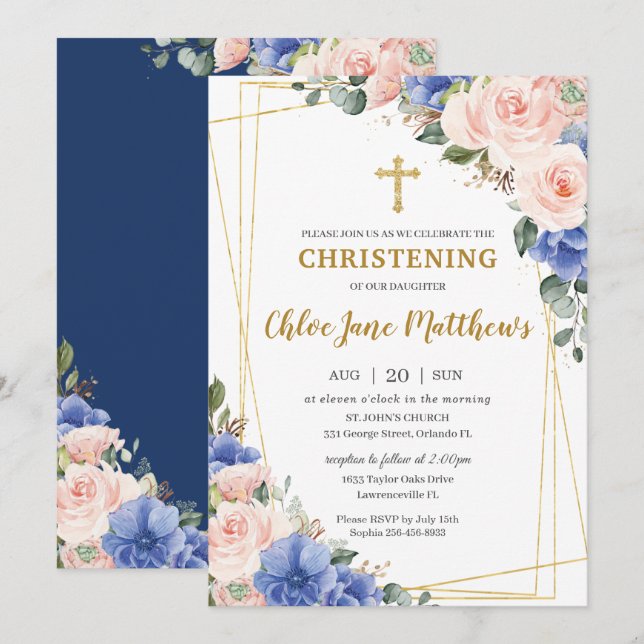 Invitación Rubor Blue Floral Gold Baptism I (Anverso / Reverso)