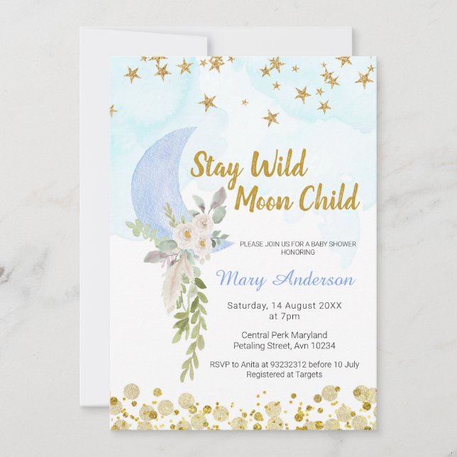 Invitación Rubor Blue Moon Stars Boho Boy Baby Shower (Anverso)