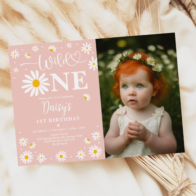 Invitación Rubor Boho Daisy Floral Wild One Photo Birthday (Subido por el creador)