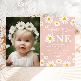 Invitación Rubor Boho Daisy Groovy foto de primer cumpleaños