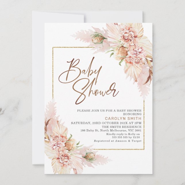 Invitación Rubor Boho Dry Floral Arranque Baby Shower (Anverso)