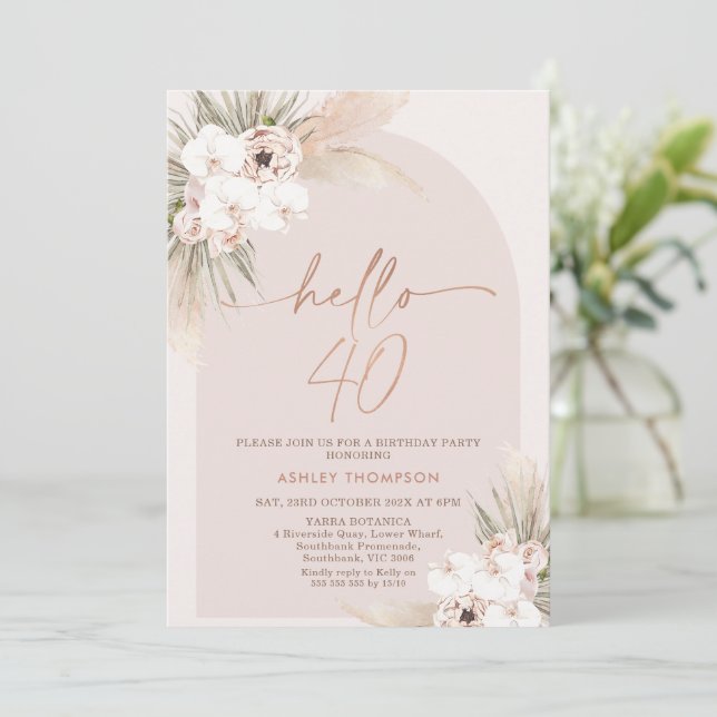 Invitación Rubor Boho Floral Arch 40th Birthday Invitation (Anverso de pie)