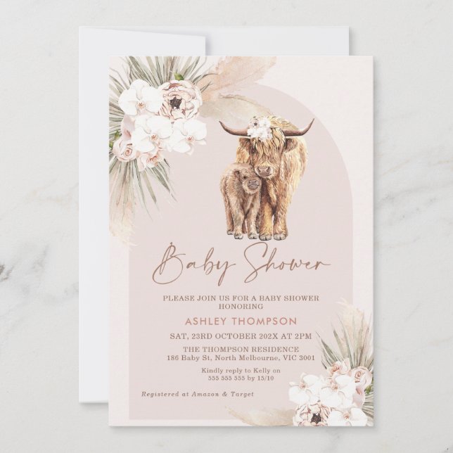Invitación Rubor Boho Floral Arch Highland Cow Baby Shower (Anverso)