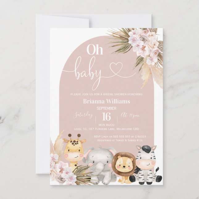 Invitación Rubor Boho Floral Arch Safari baby Shower (Anverso)