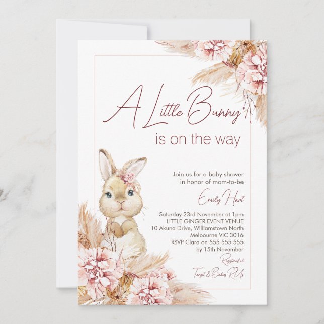 Invitación Rubor Boho Floral Bunny Baby Shower (Anverso)