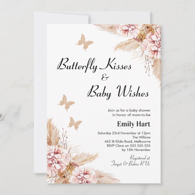 Invitación Rubor Boho Floral Butterfly besa Baby Shower  (Anverso)