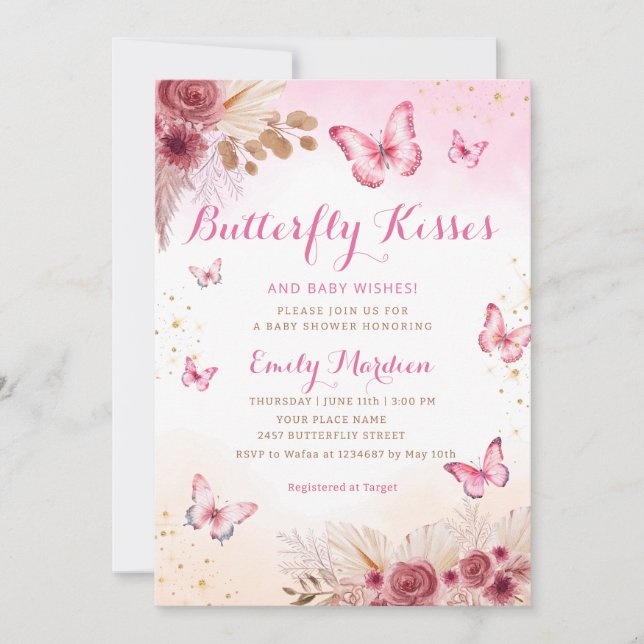 Invitación Rubor Boho Floral Butterfly besa Baby Shower (Anverso)