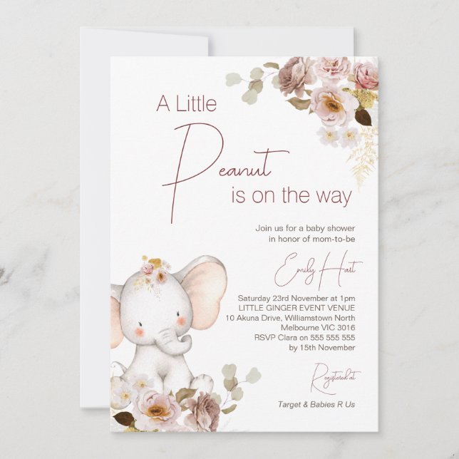 Invitación Rubor Boho Floral Peanut Elephant Baby Shower (Anverso)