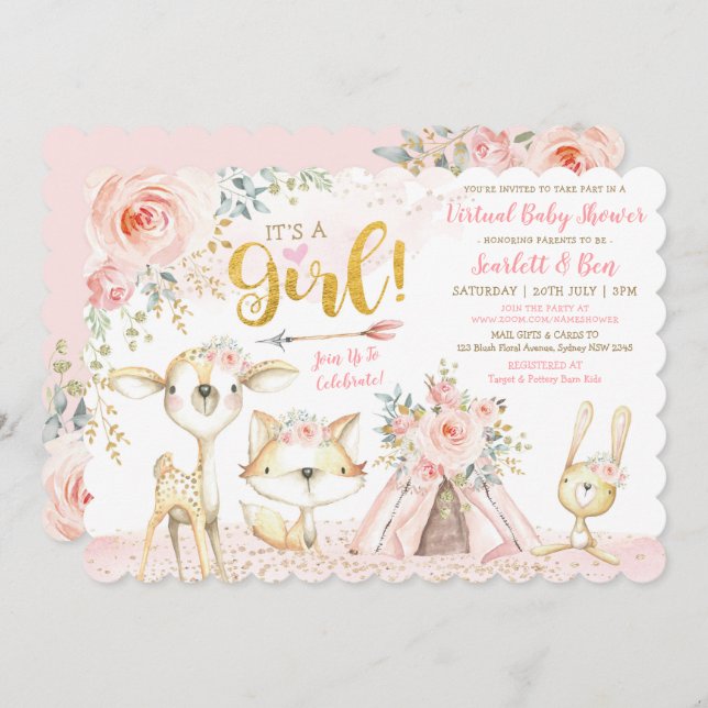 Invitación Rubor Boho Floral Woodland Virtual Baby Shower (Anverso / Reverso)
