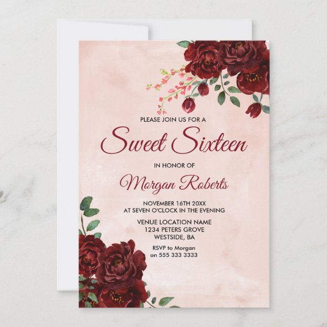 Invitación Rubor Borgoña Rojo Rosa Floral Sweet 16 Invite (Anverso)