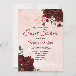 Invitación Rubor Borgoña Rojo Rosa Floral Sweet 16 Invite