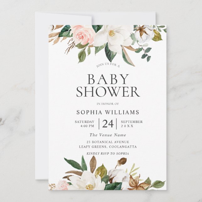 Invitación Rubor Botánico moderno y Baby Shower Floral Blanco (Anverso)