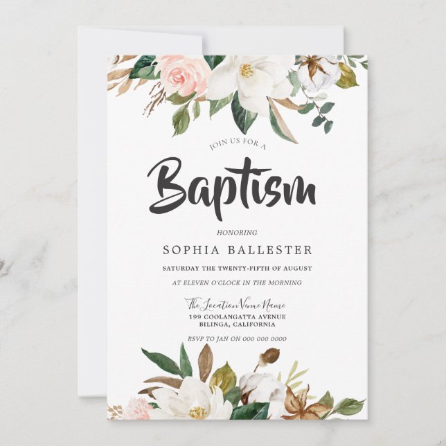 Invitación Rubor Botánico moderno y bautismo floral blanco (Anverso)