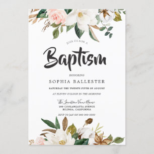 Invitación Rubor Botánico moderno y bautismo floral blanco