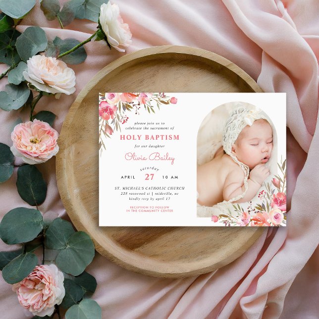 Invitación Rubor Bouquet Floral Beber foto Baptismo (Subido por el creador)