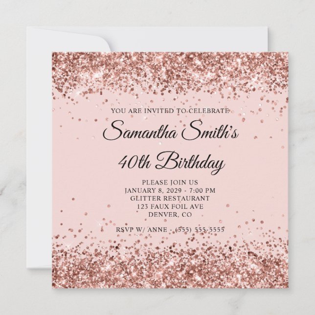 Invitación Rubor Brillo Rosa Dorado Cumpleaños 40 (Anverso)