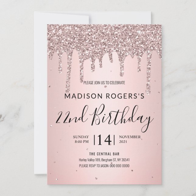 Invitación Rubor bronce joven chica dama brillo (Anverso)