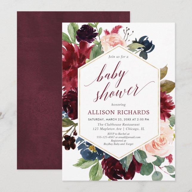 Invitación Rubor burgundy azul marino chica bebé ducha floral (Anverso / Reverso)