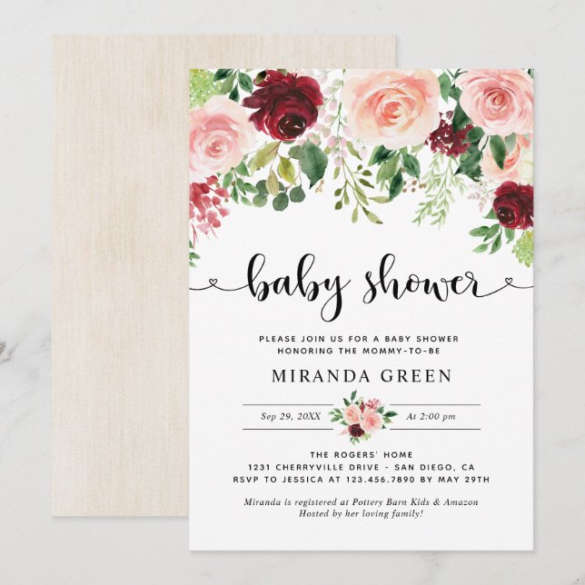 Invitación Rubor Burgundy Floral Baby Shower (Anverso / Reverso)