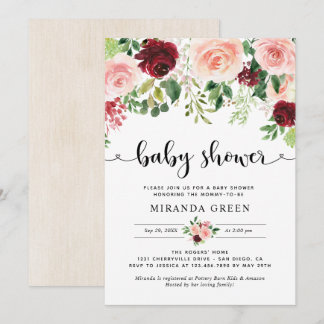 Invitación Rubor Burgundy Floral Baby Shower