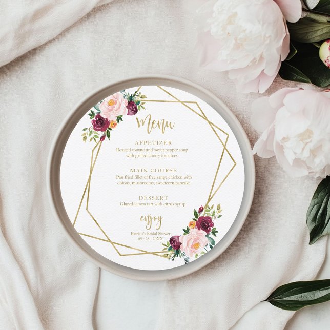 Invitación Rubor Burgundy Floral Bridal Shower Round Menú (Subido por el creador)