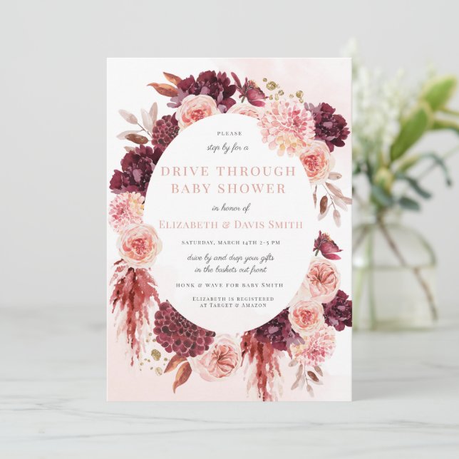 Invitación Rubor Burgundy Floral Drive De Chica Baby Shower (Anverso de pie)