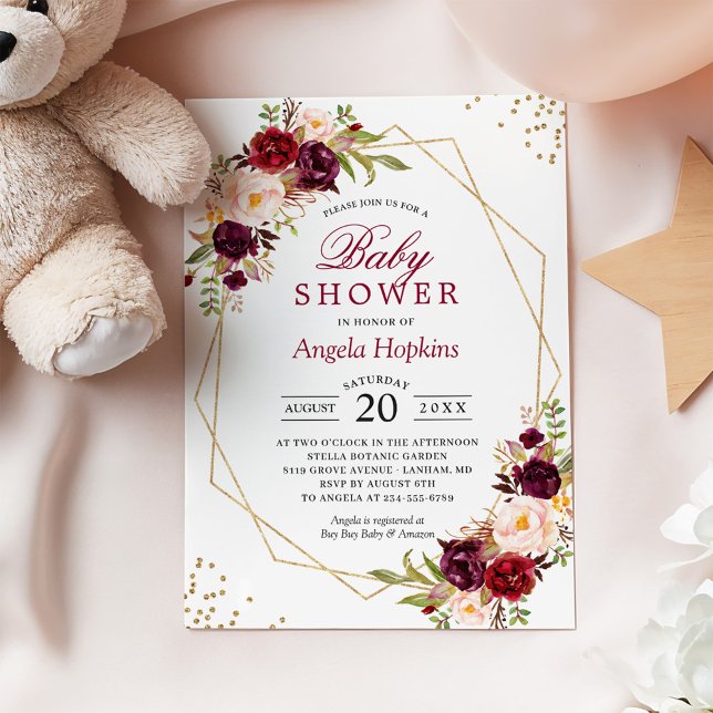 Invitación Rubor Burgundy Floral Gold Frame Baby Shower (Subido por el creador)
