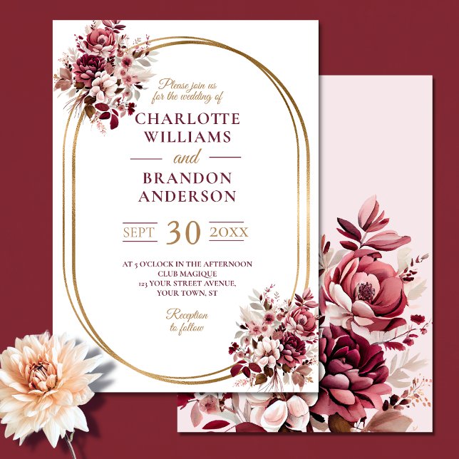 Invitación Rubor Burgundy Floral Gold Frame Boda moderno (Subido por el creador)