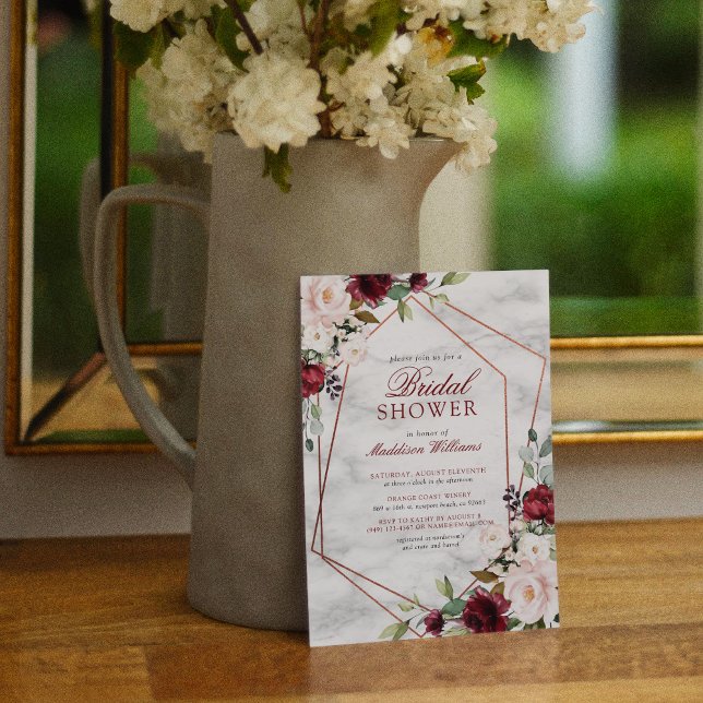 Invitación Rubor Burgundy Floral Gold Frame Bridal (Subido por el creador)