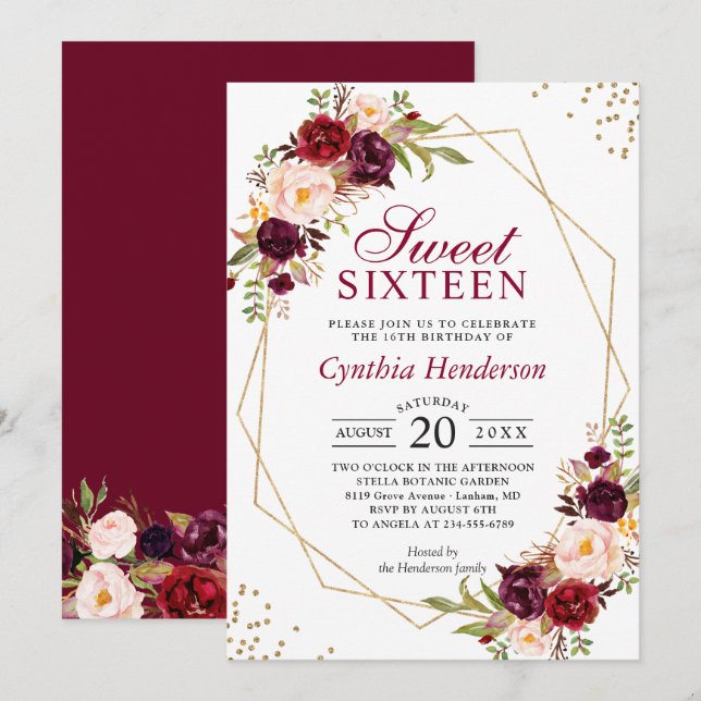 Invitación Rubor Burgundy Floral Gold Frame Sweet 16 (Anverso / Reverso)
