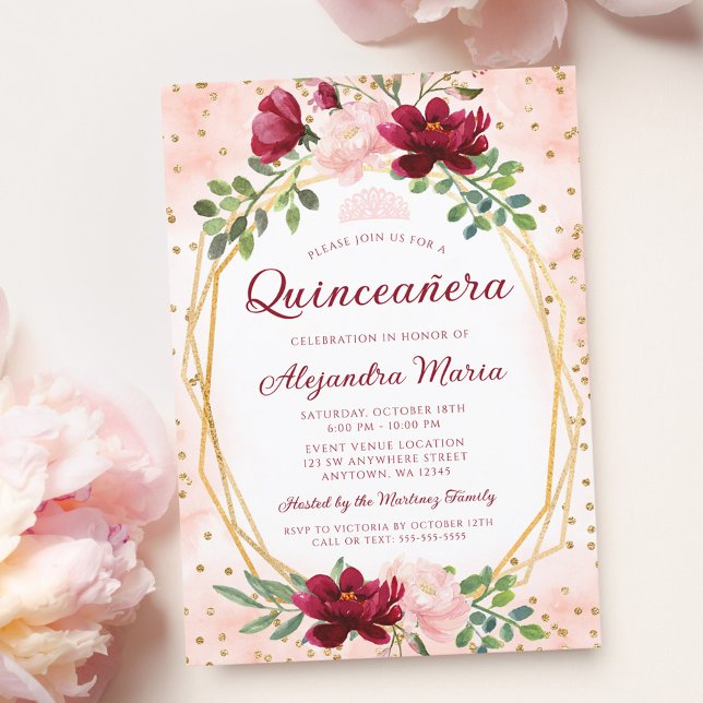 Invitación Rubor Burgundy Floral Gold Geométrico Quinceanera (Subido por el creador)