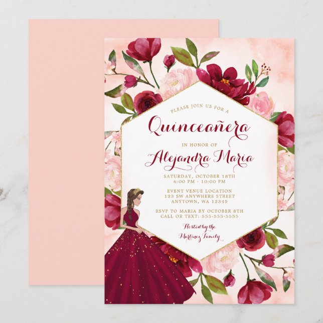 Invitación Rubor Burgundy Floral Gold Gown Quinceanera (Anverso / Reverso)